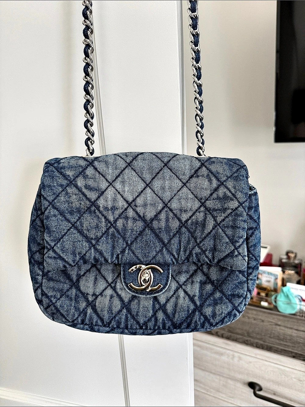 Quilted Denim Turnlock Chain Shoulder Bag Blue